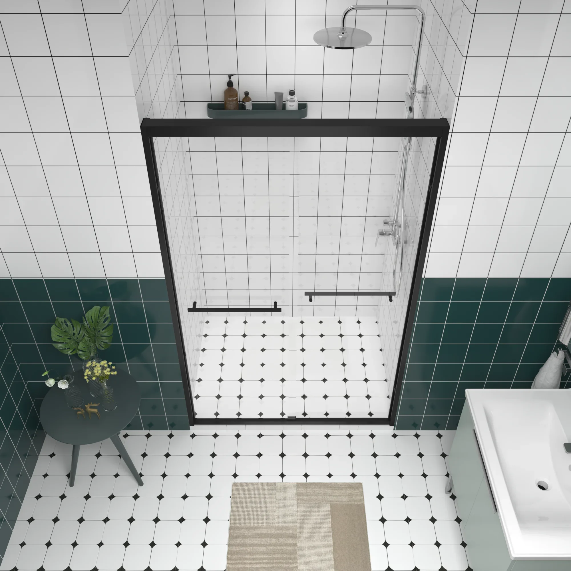 

Двойная раздвижная душевая дверь с алюминиевой рамой 44-48 x 76 дюймов и прозрачным закаленным стеклом 1/4 дюйма (6 мм), черная фурнитура, байпасная душевая кабина