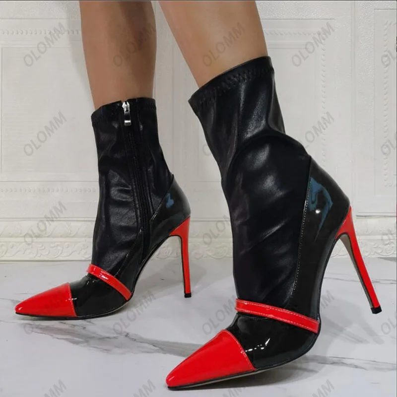 Olomm-Bottes de rinçage faites à la main pour femmes, fermeture à glissière latérale, talons aiguilles, Parker pointu, chaussures de soirée rouges, grande taille US 5-15, printemps