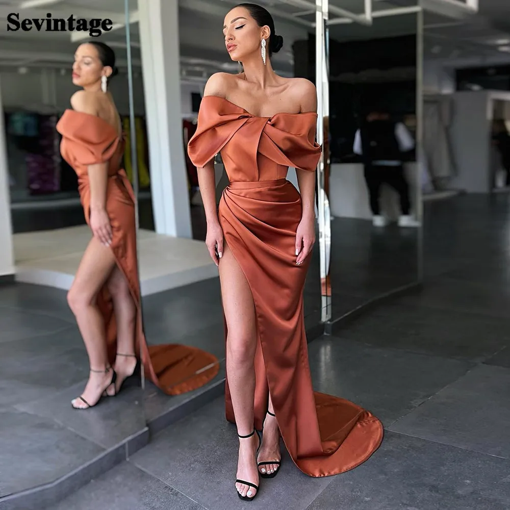 Customized Burnt Orange Mermaid Evening Dresses Dubai Pleats Off The Shoulder Prom Party Dress Slit Formal Women Wedding Gowns