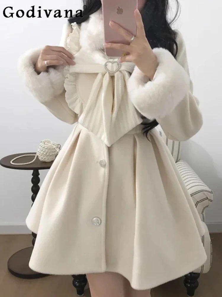 

Women Autumn Winter New Temperament Medium-long Woolen Coat Elegant French Sweet Peter Pan Collar Fashion A-line Korean Jacket