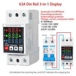 63A Din Rail 3-in-1 Display Adjustable Over Voltage Current and Under Voltage Protective Device Protector Relay Volt Power Meter