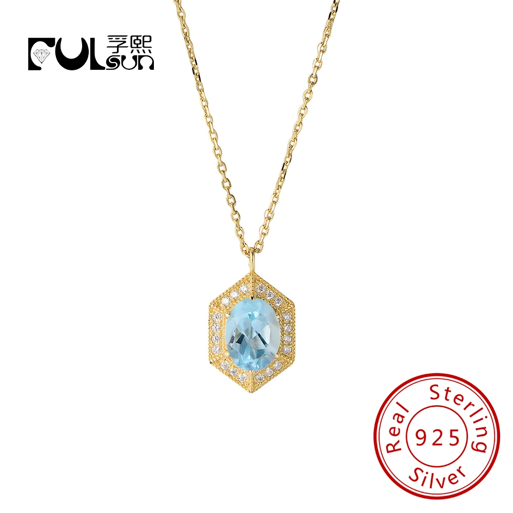 

Сублимационные популярные шестиугольные ювелирные изделия, стерлинговое серебро 925 пробы, позолоченное 14 карат, натуральный синий топаз, ожерелье с подвеской из драгоценных камней для женщин