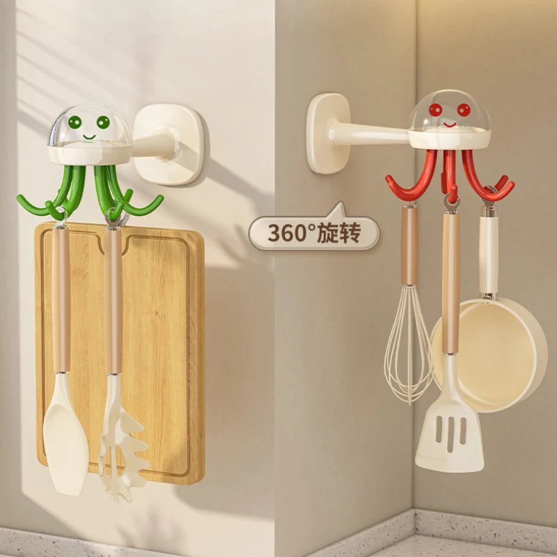 Jellyfish Rotating Hook, Strong Adhesive Kitchen Spatula Storage Rack, Adhesive Hook, No Punching Spoon Shovel Hanging Rack