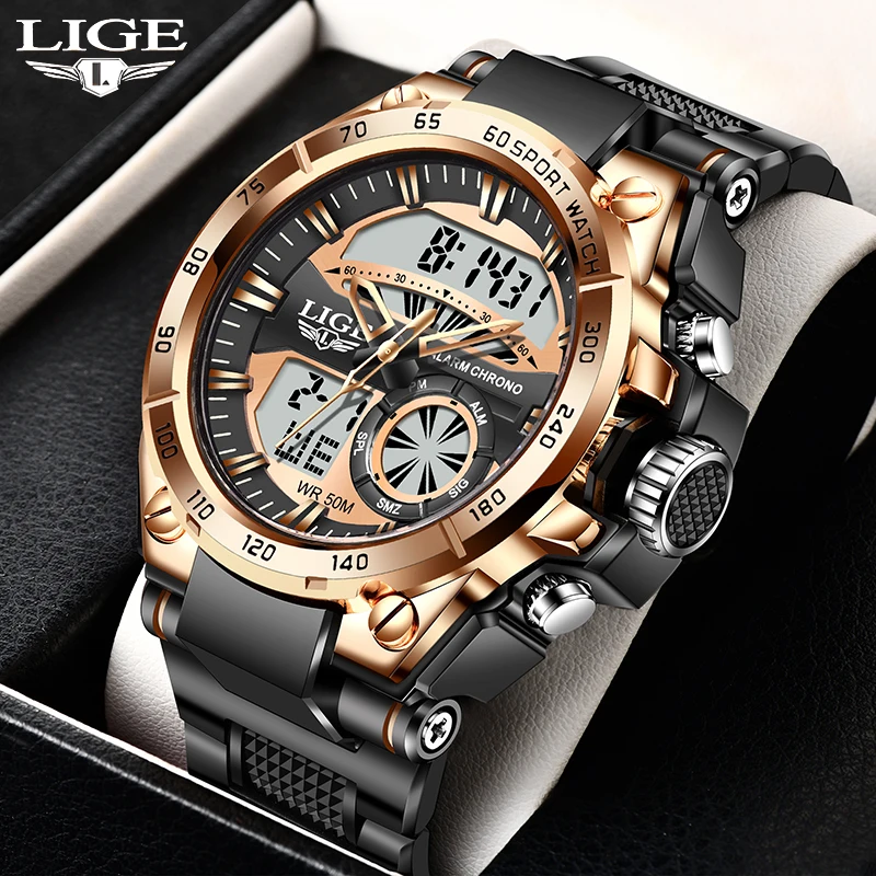 LIGE Top Brand Luxury Electronic Quartz Man Watch Fashion Dual Display Waterproof Luminous Men Watches Week Sports Watch For Men