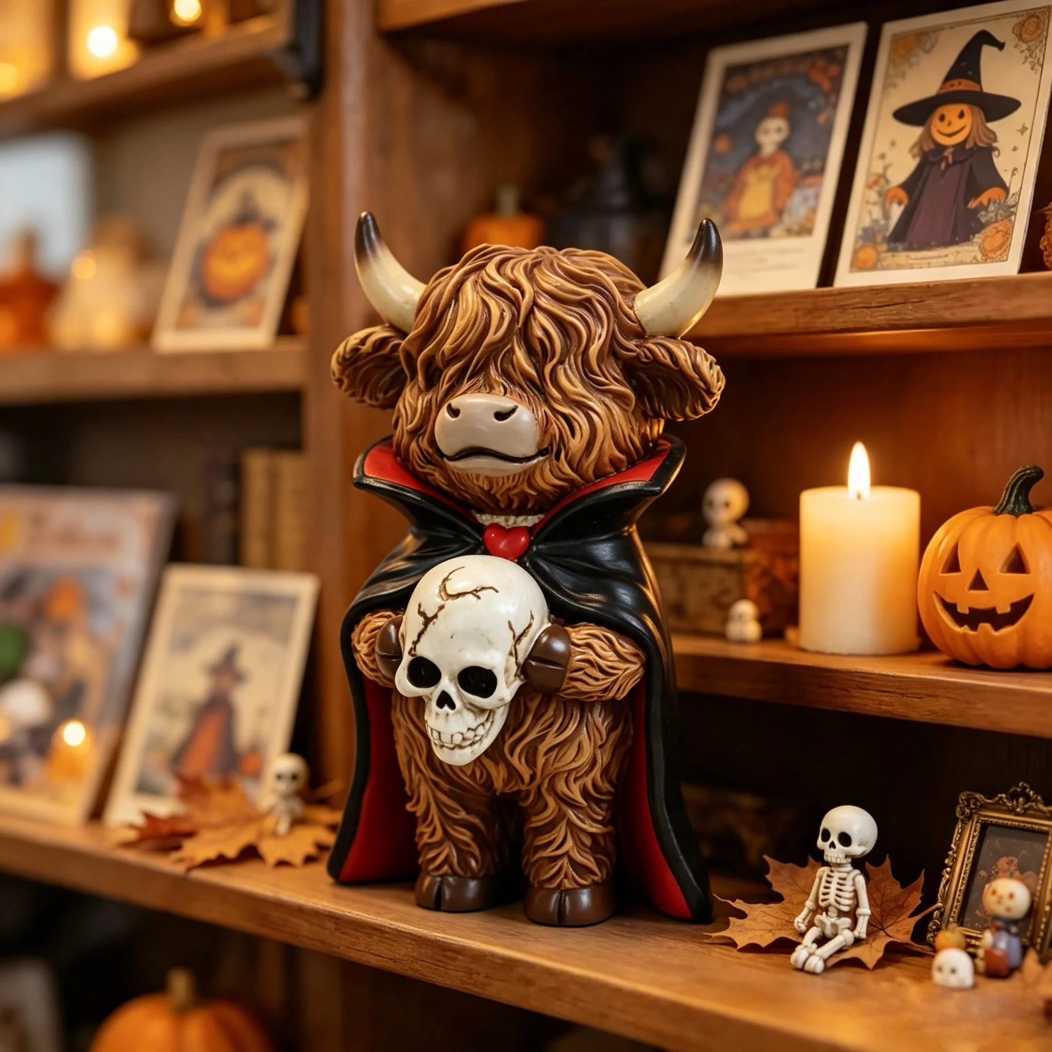 Halloween Highland Cow Figurine, Vampire Style Cow Statue With Skull, Resin Tabletop Decor For Home Festival Display