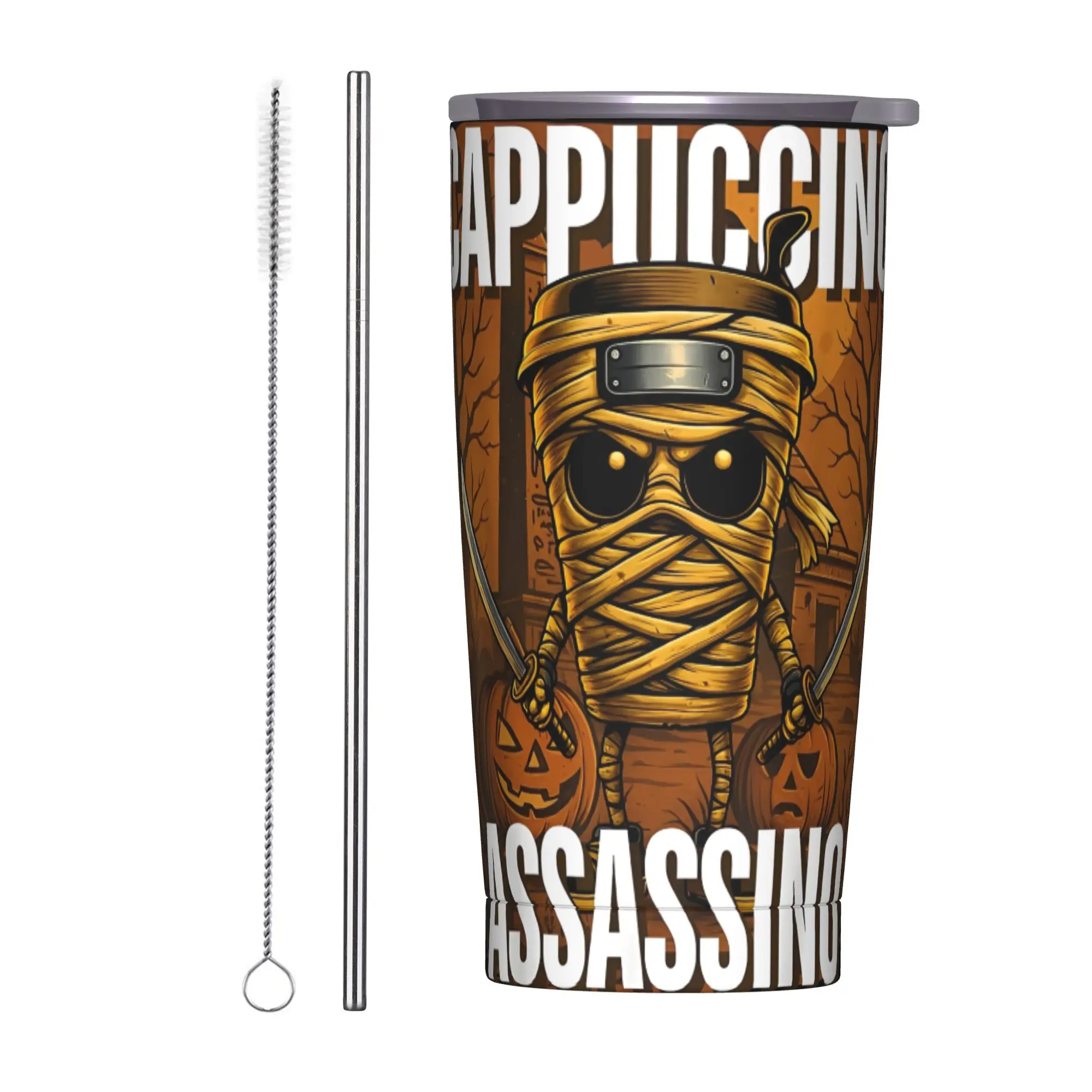 Cappuccino Assassino Mummy Italian Brainrot Meme Insulated Tumbler with Straws Stainless Steel Coffee Mugs Car Bottle Cups, 20oz