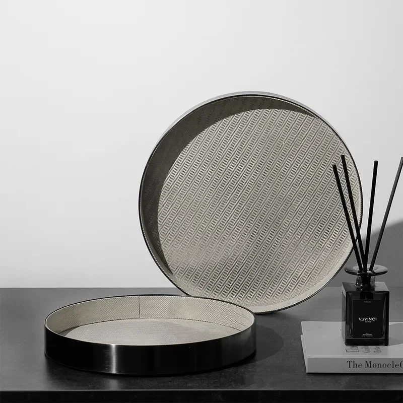 Modern simple light luxury metal leather round high-end tray model room study dresser bedroom decoration ornament