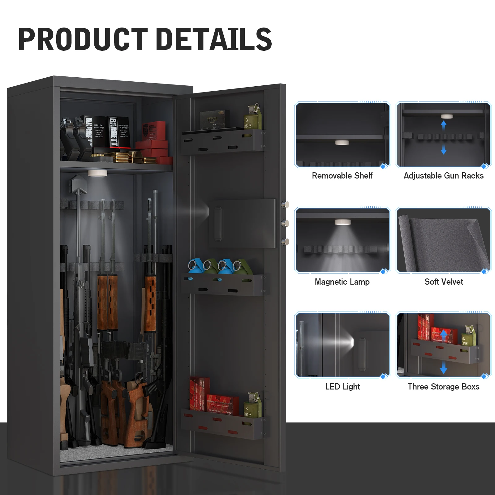 Kavey Unassembled Rifle Gun Safe，Large Gun Safe with Dual Alarm， Mute Mode, Long Gun Safe with Touchscreen Pad，Removable Shelves