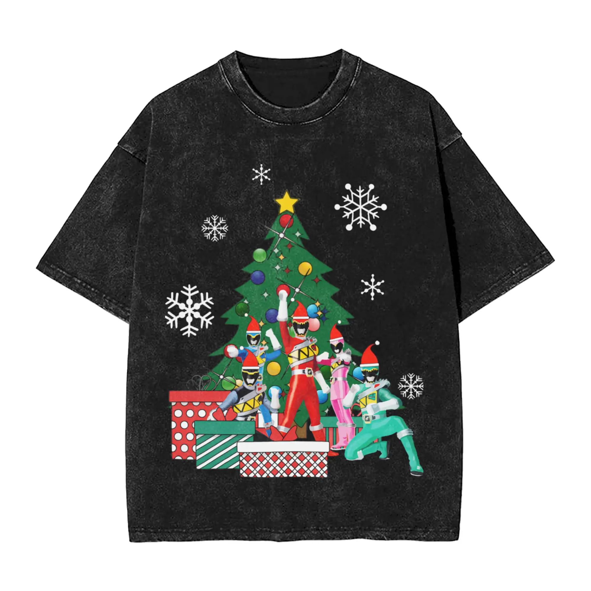 Power Rangers Around The Christmas Tree Men's T Shirt Washed  Fun Tee Shirt Short Sleeve Crew Neck T-Shirts Gift Idea Clothes