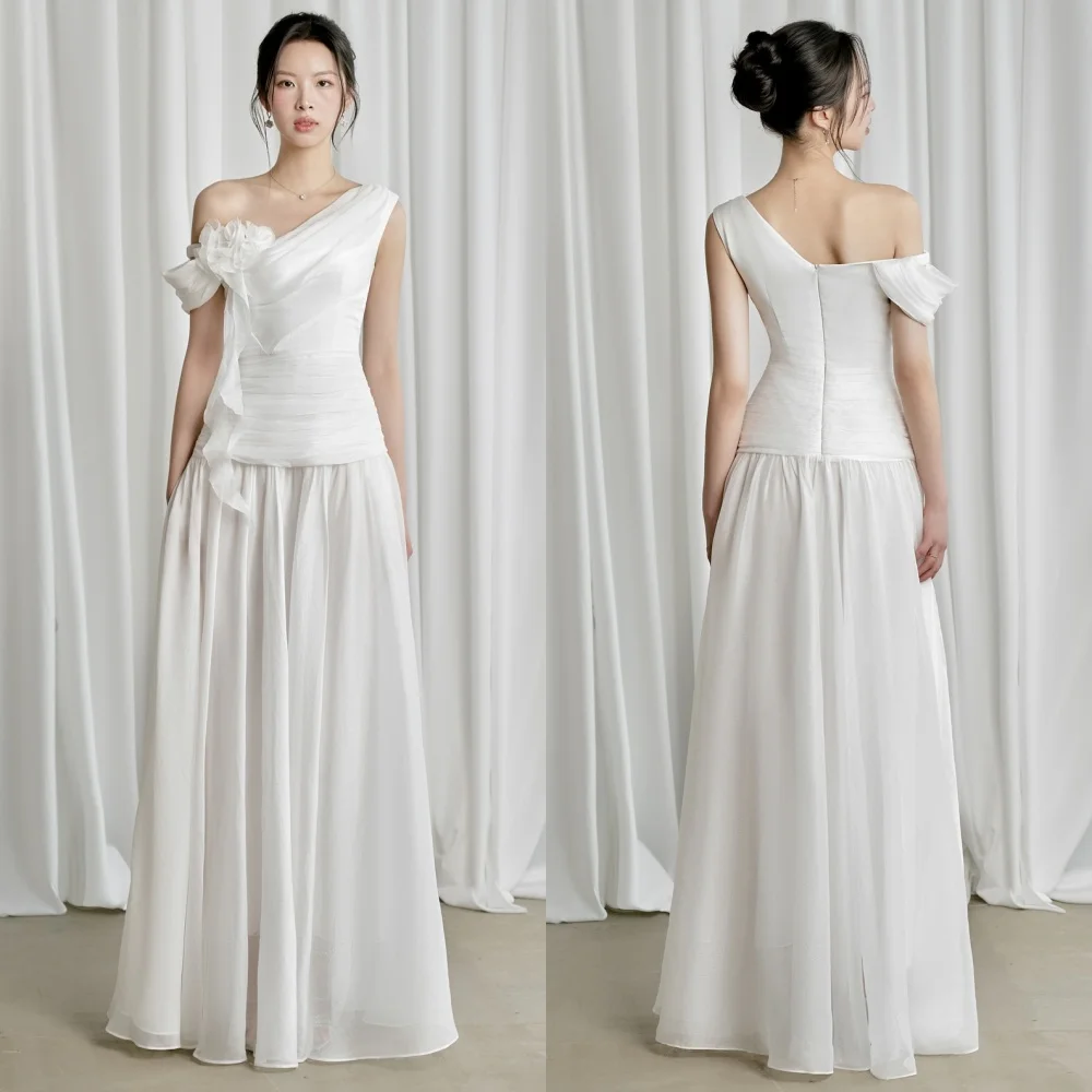 

Customized Simple Chiffon Pleat Flower A-line One-shoulder Long Dresses Bespoke Occasion Homecoming Chinese Style