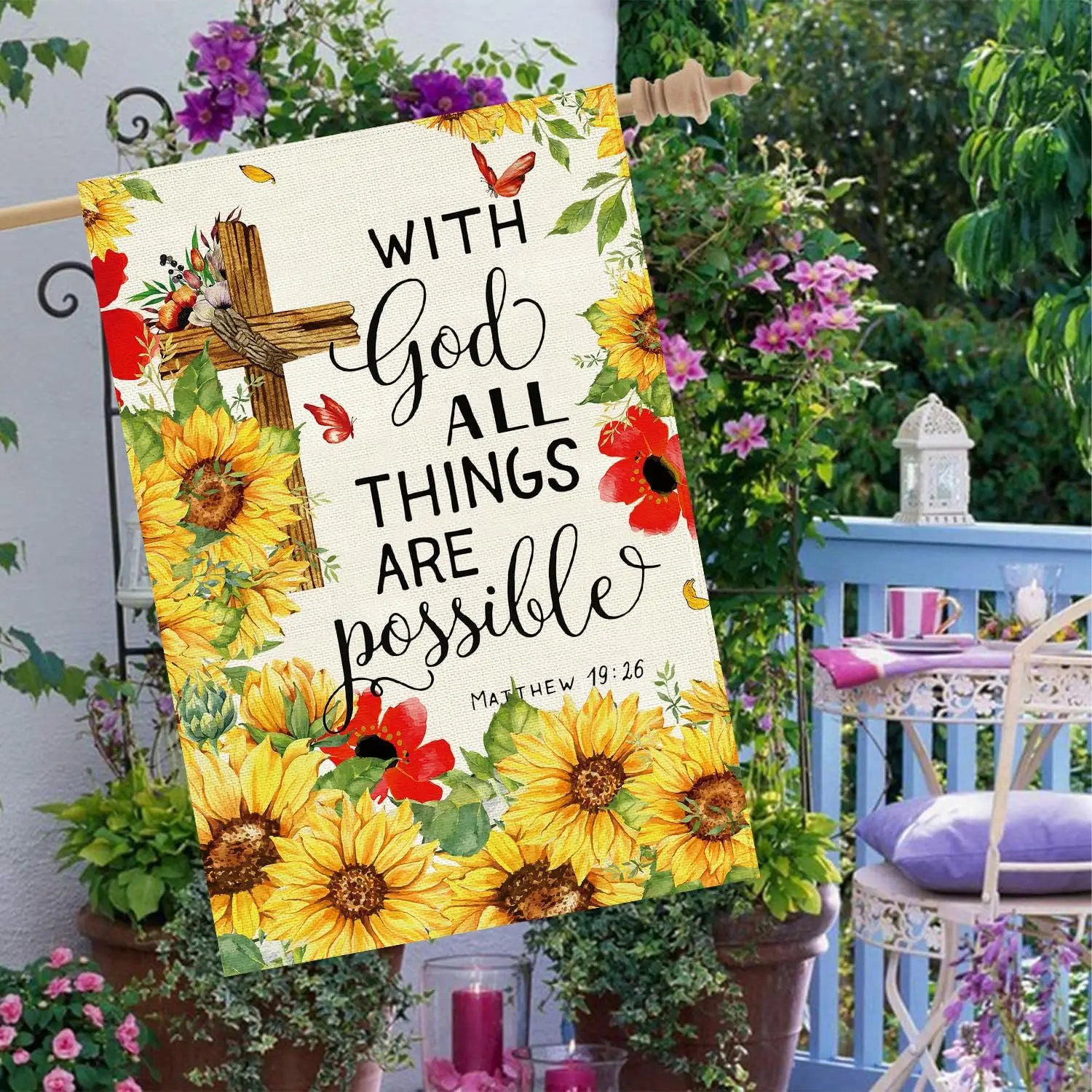 Baccessor Sunflower Spring Summer House Flag Double Sided 28x40 Inch Burlap,with God all Things are Possible Christian Large GGO