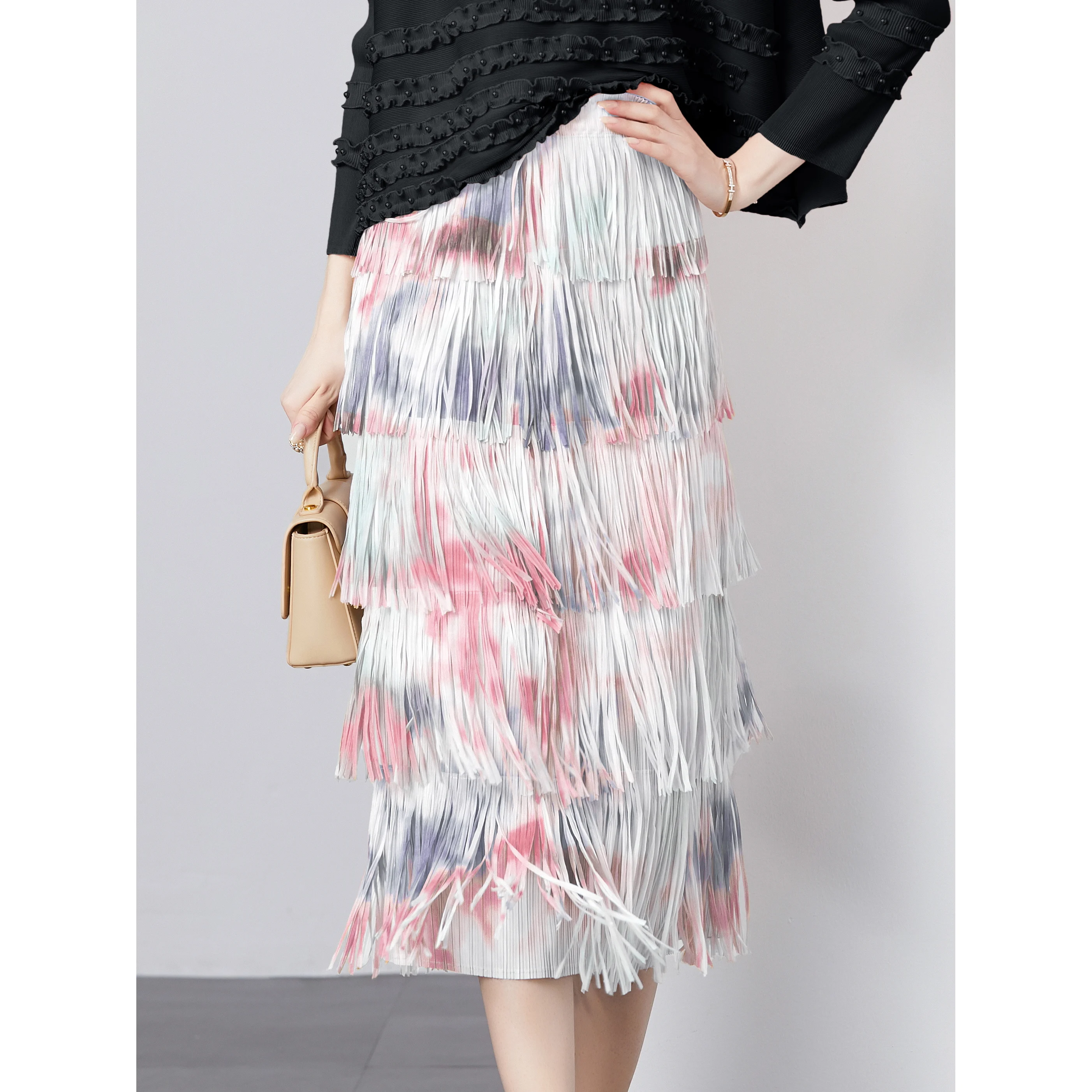 Miyake Pleated Retro Tie Dye Sweet Temperament Tassel Skirt Versatile Temperament Age Reducing Summer Korean Version High Waist