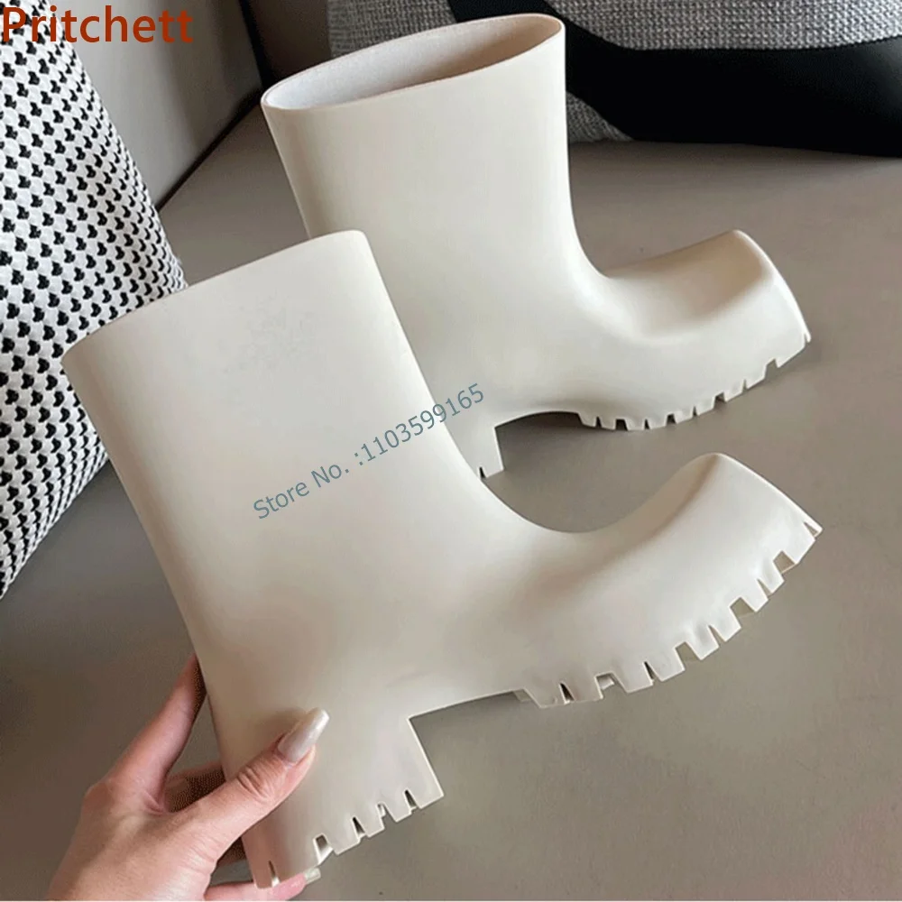 Solid Square Toe Boots Sawtooth Thick Soled Slip On Rain Boots Autumn New Versatile Waterproof Platform Elevated Women Shoes