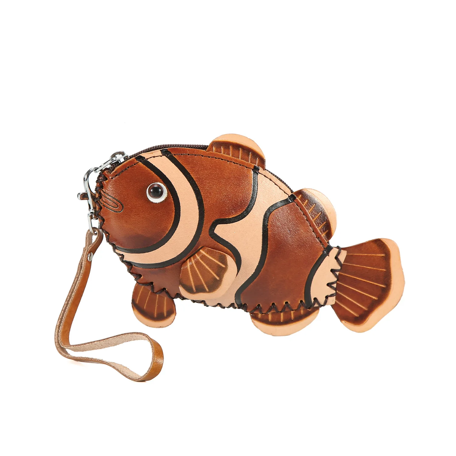 Clownfish Shaped Genuine Leather Coin Purse Creative First Layer Cowhide Key Holder Mini Pouch for Earphones Change