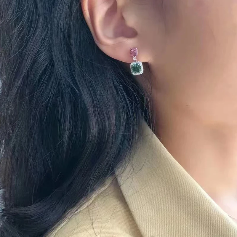 With 925 Stamps Colorful Double Square Zircon Earrings Women\'s Fashion Party Jewelry Boho Jewelry Gift