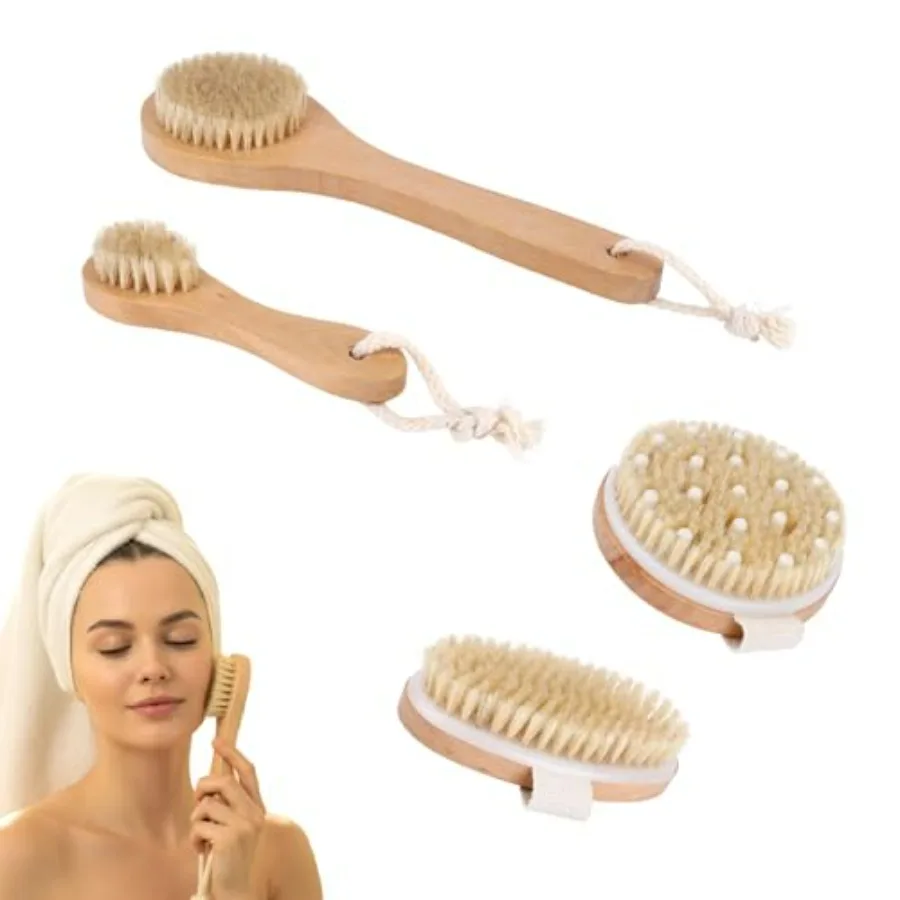 Dry Brush Set-4 Packs Natural Boar Bristle Dry Brushing Body Brush Exfoliating, Face, Foot, Bath Brush for Face and Body for Ce