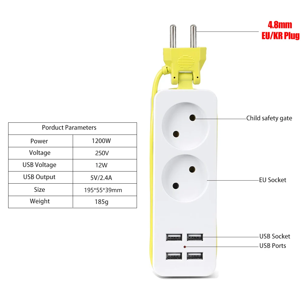 Ciabatta da 4.8mm Multiprise EU KR 2AC 4USB 1200W adattatore per presa di protezione da sovraccarico cavo di prolunga da viaggio da 1.5M per ufficio