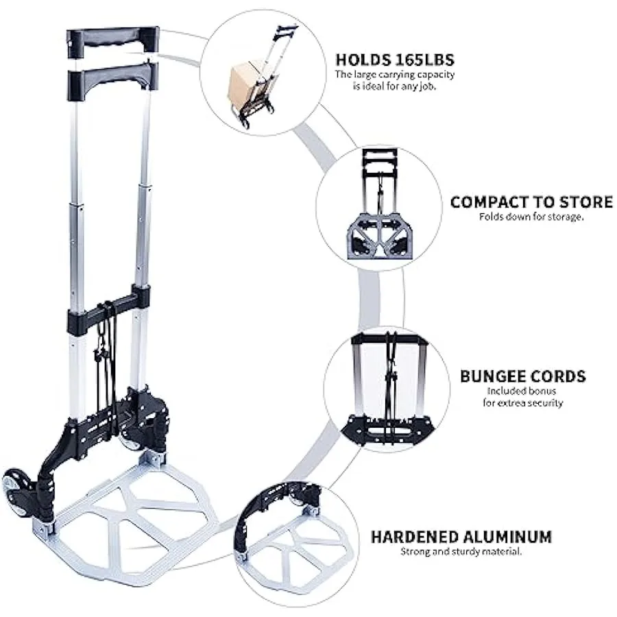 Opvouwbare steekwagen en dolly, aluminium draagbare kar met een capaciteit van 165 lb, opvouwbare 2-wielige dolly met telescopisch handvat