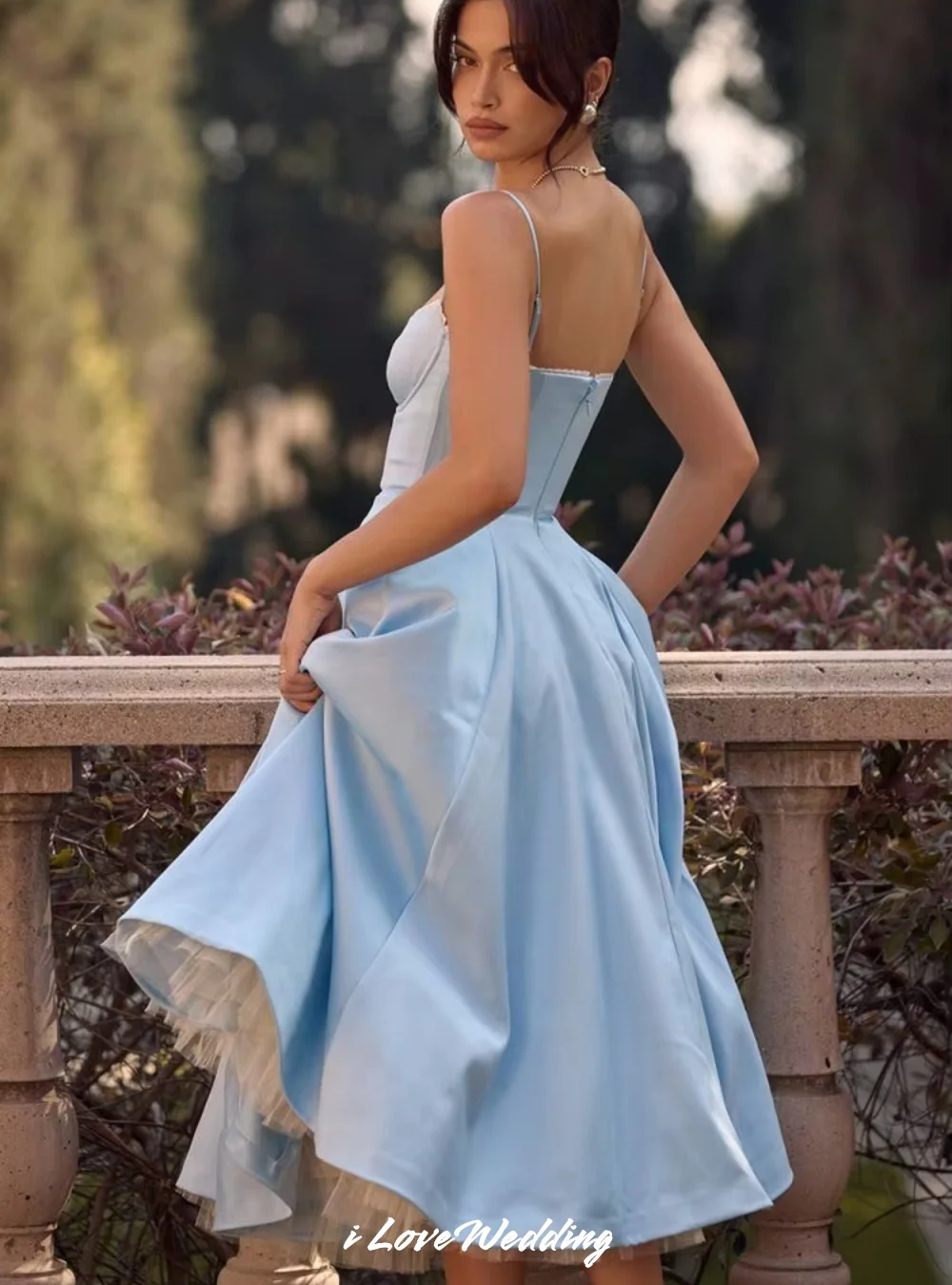 블루 스파게티 스트랩 댄스 파티 드레스 2025 Sweetheart 민소매 백리스 플리츠 A 라인 Tulle 발목 길이 이브닝 드레스 맞춤형