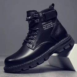 Botas de couro de cano alto masculinas, botas pretas de motocicleta, plataforma quente, com renda, ao ar livre na moda, inverno