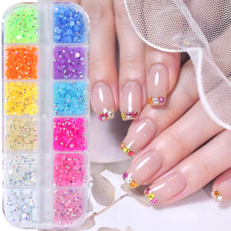 12 Grid Jelly Crystal Strass Nagel Decoratie 2/3Mm Macaron Candy Ab Color Flat Back Nail Charme Diy Edelsteen Sieraden Nagelbenodigdheden