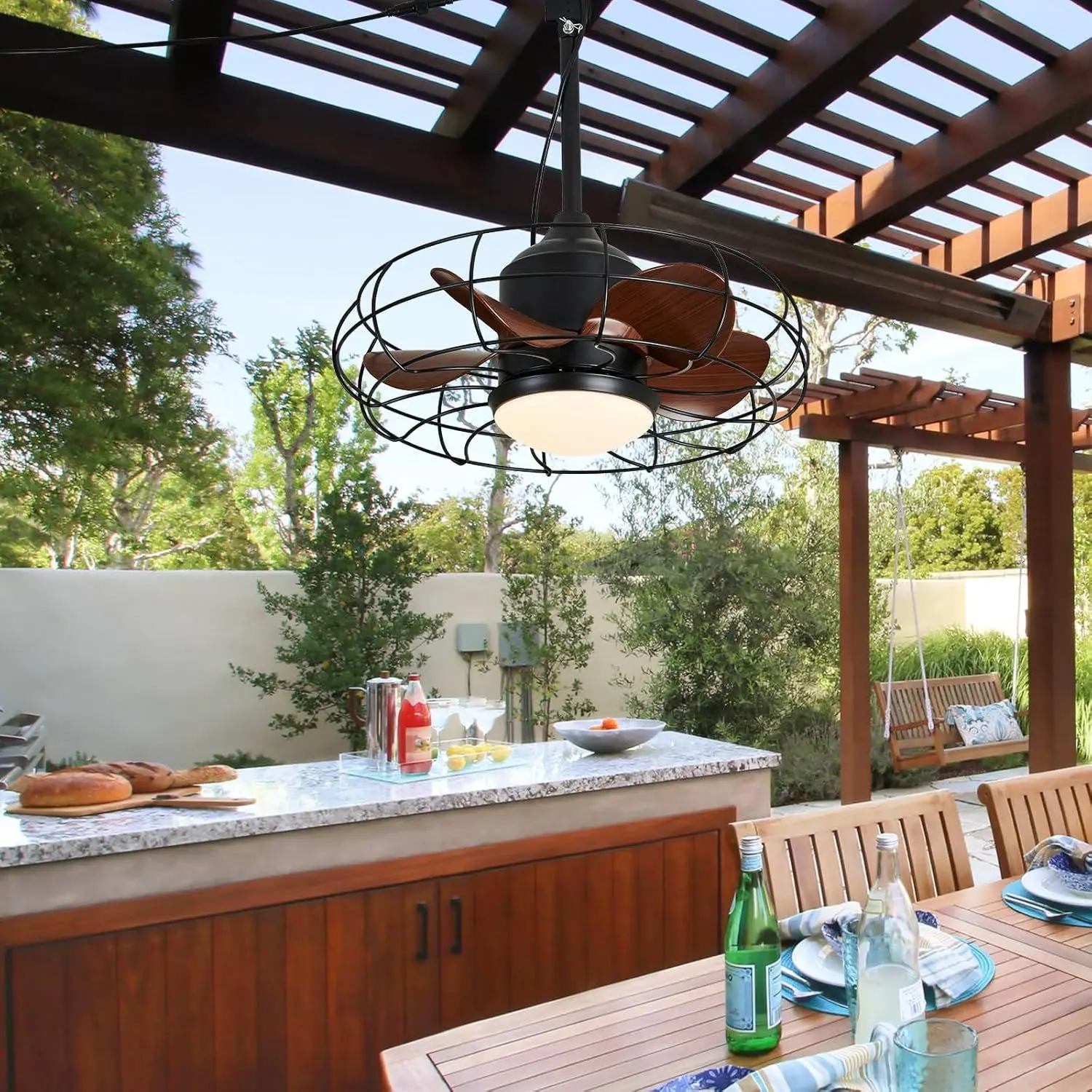 Waterproof sunscreen gazebo fan light Cross-border sun room courtyard decoration ceiling fan light Cage moisture-proof light