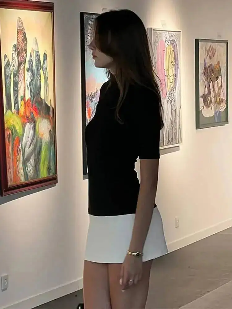 Summer  Turtleneck Half Sleeve Mini Dresses French Style Fashion Elegant Black And White Patchwork Bodycon Dress