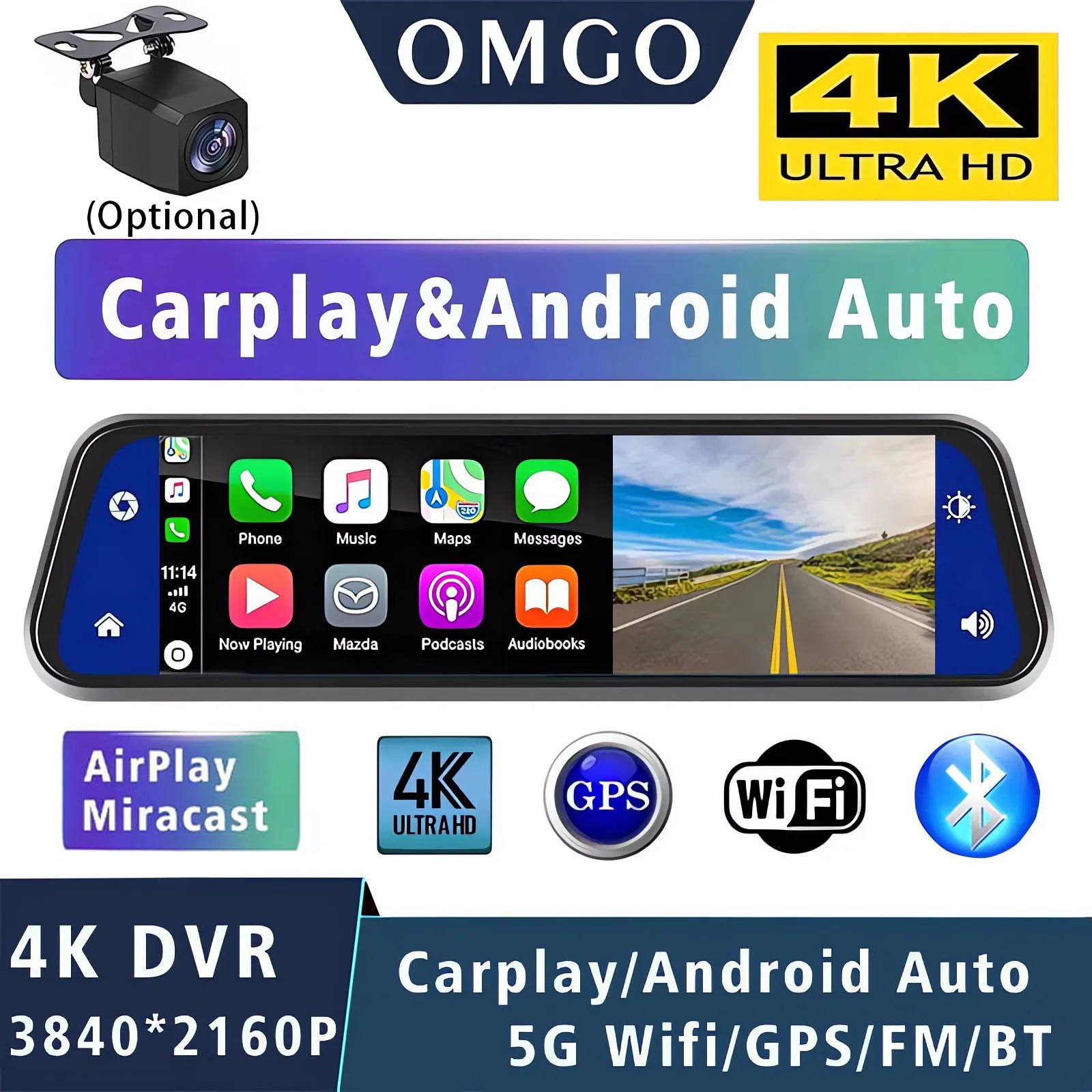 10 "4K داش كام Carplay أندرويد-السيارات سيارة DVR المزدوج لين 5G واي فاي نظام تحديد المواقع بلوتوث FM محرك الفيديو مسجل تيار مرآة داشكام كام