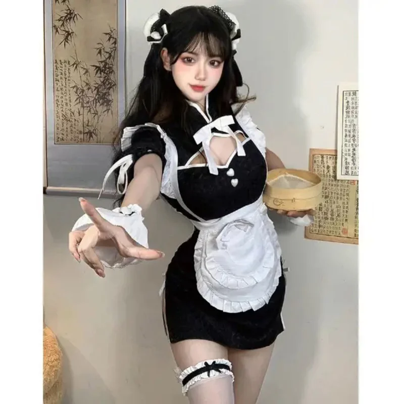 Anime Girls Cute Chinese Maid Qipao Cosplay Costume Lolita Hight Slit Cheongsam Dress Hollow Out Nightdress Pajamas Dropship