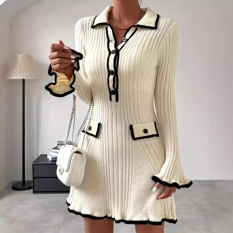 

Autumn 2024 New European and American Women's Wear Contrast Color Small Chanel Style Elegant Slim-fit Knitted Dress