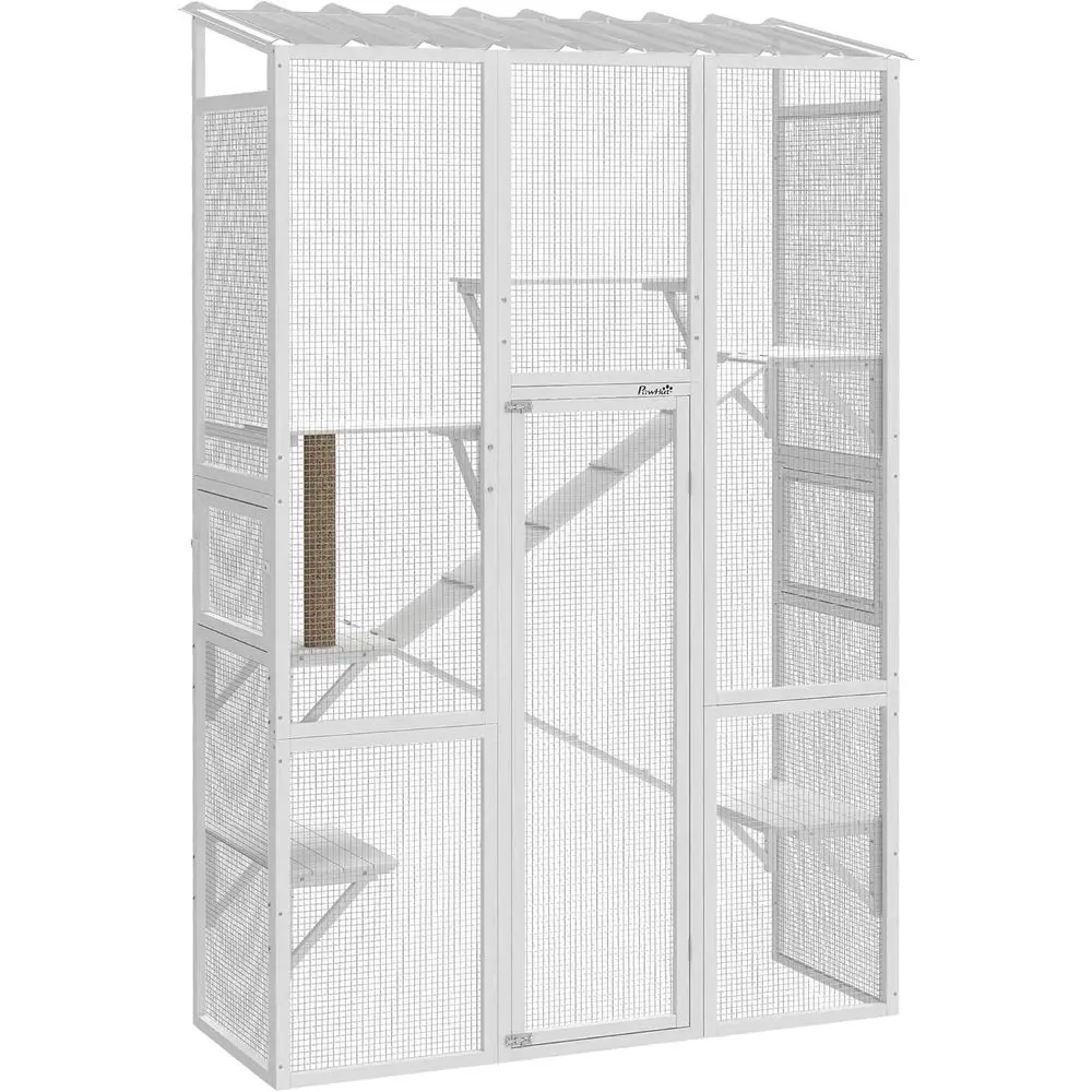 

Большой белый деревянный вольер-когтеточка с 6 платформами, 2 лежанками, водонепроницаемой крышей для 2-3 котят, высота 99 см