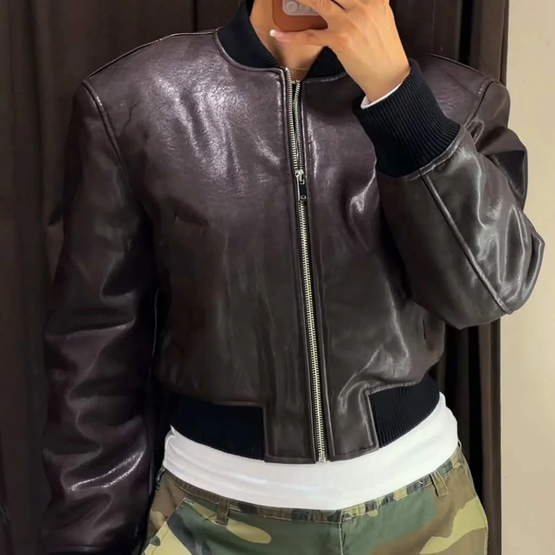 Womens Vintage Brown Leather Bomber Jacket Ribbed Collar Zipper Short Flight Coat Casual Streetwear Biker Outerwear 2026