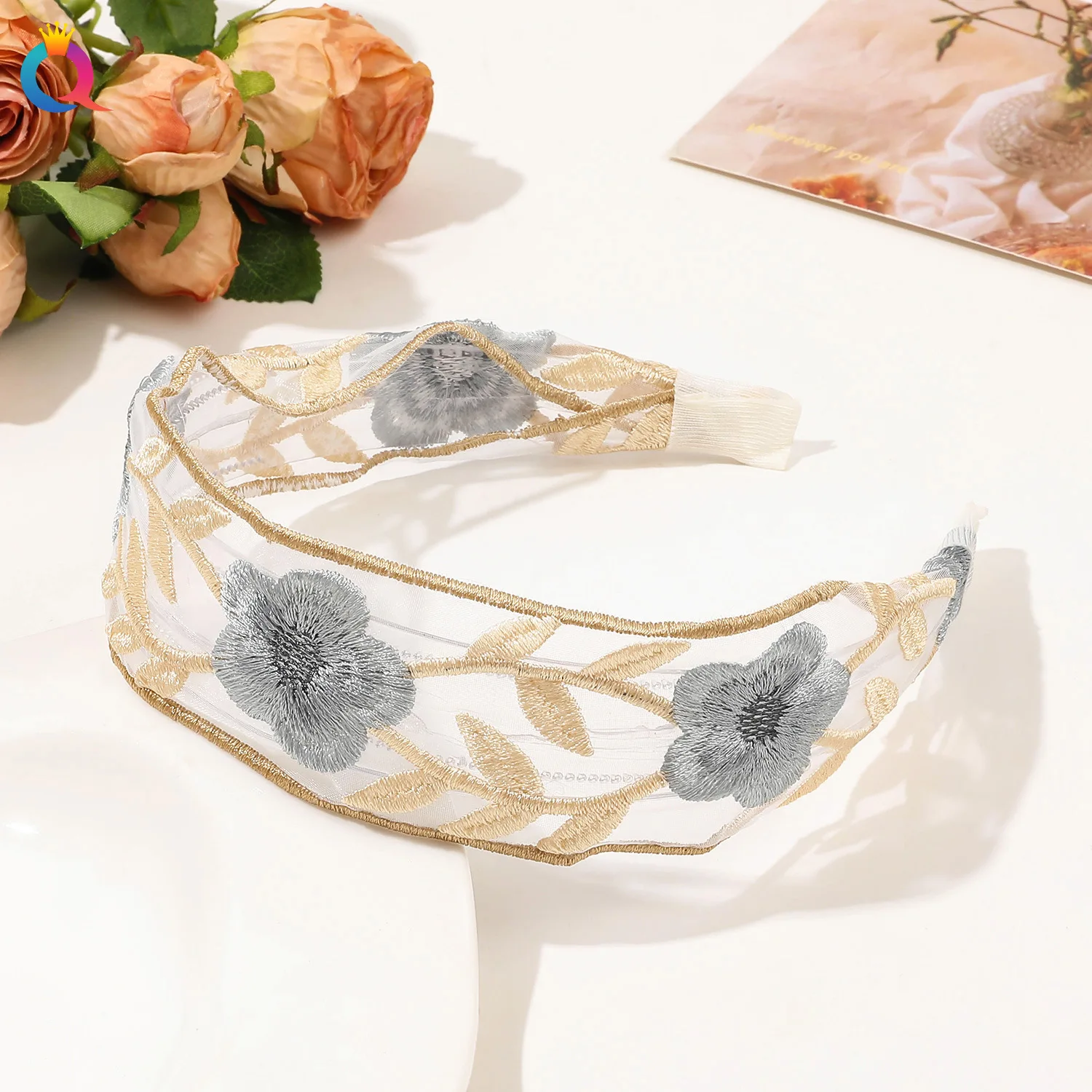 New Chinese mesh embroidery hair bands ethnic style temperament high skull top hair bands advanced sense of hair accessories