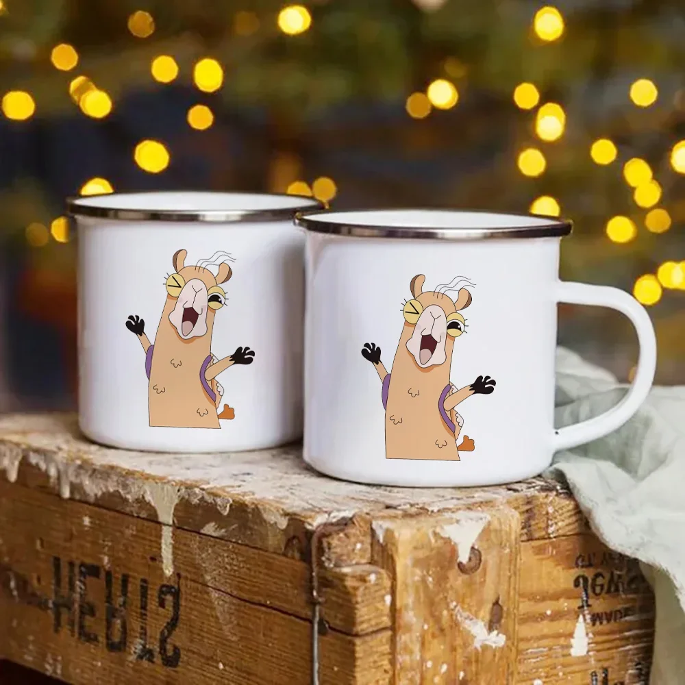 Cartoon Happy Alpaca Enamel Mug Best Gift for Friends Metal Cup Unusual Tea Cup of Coffee Original Breakfast Cups and Mugs Beer