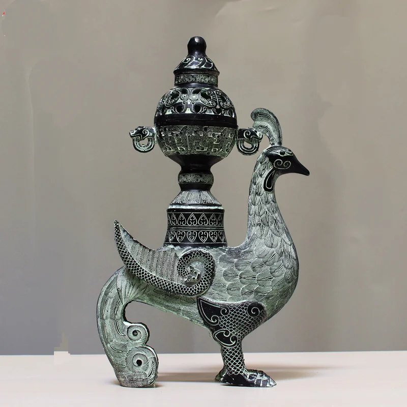Chinese Old Bronze Phoenix Zun Incense Burner Chinese Traditional Fenghuang Bird Censer Vintage Ritual Vessel Home Decor Craft