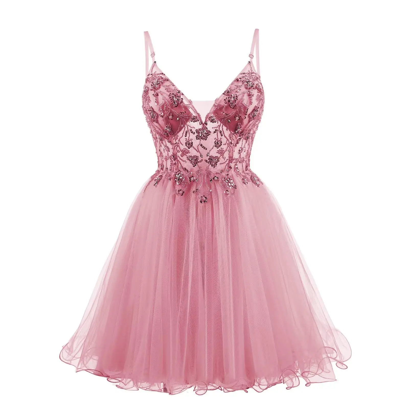 

Tulle Homecoming Dresses for Teens Saprkly Sequin Beaded Short Prom Dress Spaghetti Straps Cocktail Gowns