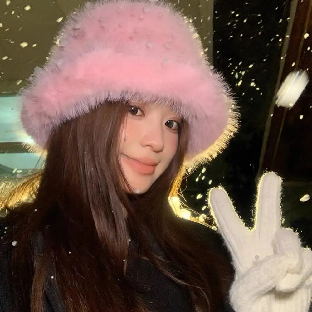 

Female Faux Fox Fur Bomber Hat Windproof Keep Warmer Fisherman Hats Korean Style Bucket Hat Solid Beanie Winter Warm Hats New