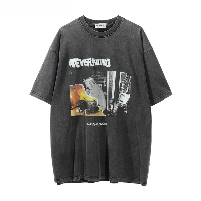 

Portrait Print Short Sleeve T-shirt Mens Streetwear Distressed Cotton Tee High Street Summer Loose Crew Neck Half-Sleeve Men