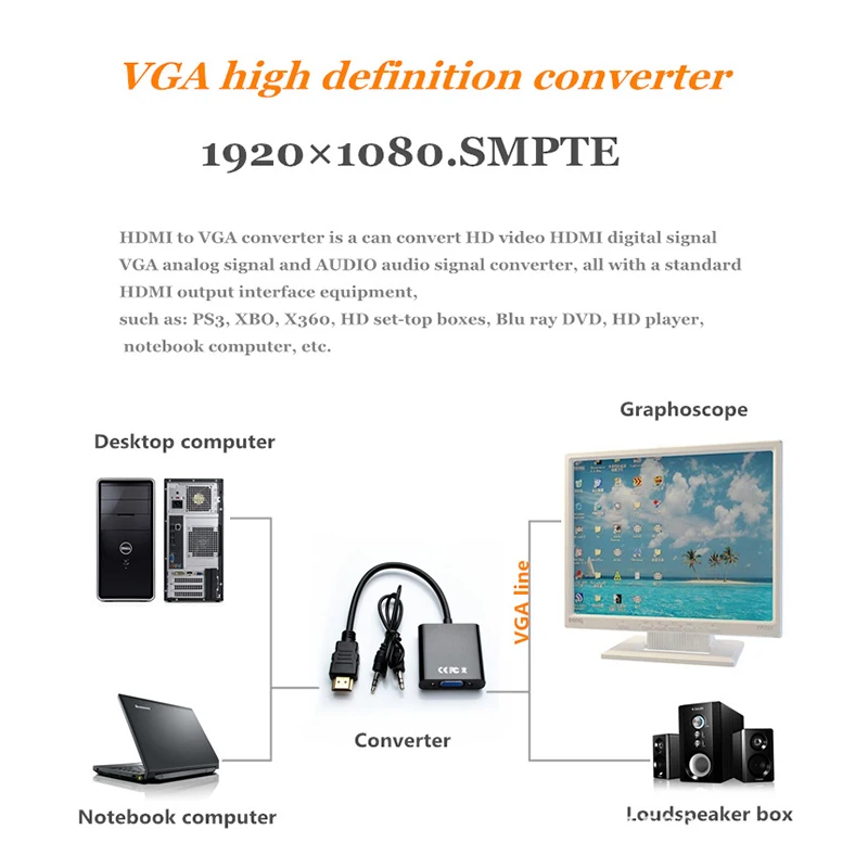 T20 HDMI-compatible1080P VGA 어댑터 3.5mmAudio 4K HD 디지털 케이블 노트북 태블릿 HDMI 남성 VGA Famale 변환기