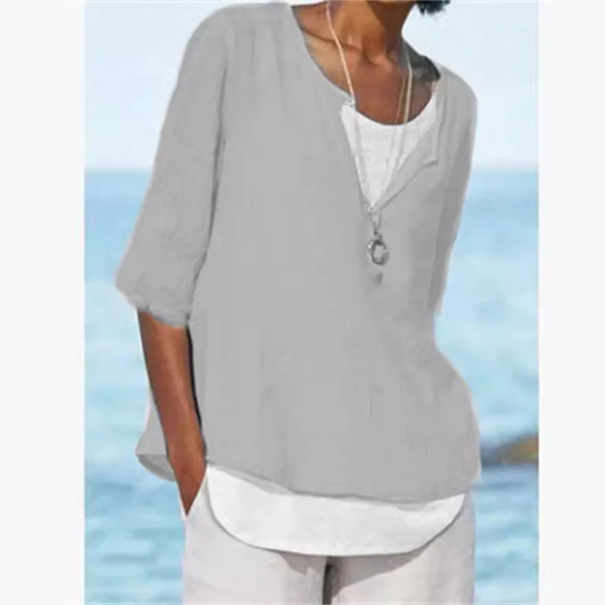New Summer Autumn Women's Linen Cotton T-shirts Solid Color V Neck Top Casual Loose Long Sleeve Lightweight Pullovers 4
