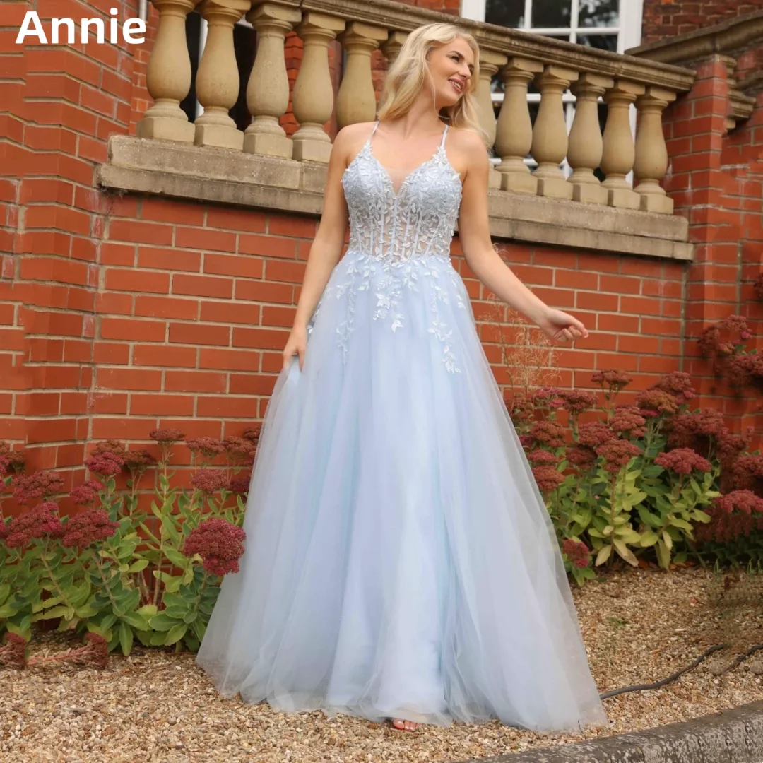 

Annie Light Blue Elegant Wedding Dress Lace Embroidered Tulle Prom Dresses A-Line Backless Corset Bespoke Occasion Dresses