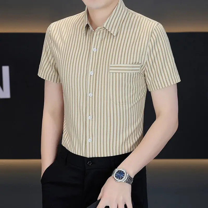 

Men's Short Sleeve Striped Button Down Shirt Slim Fit Casual Business Top