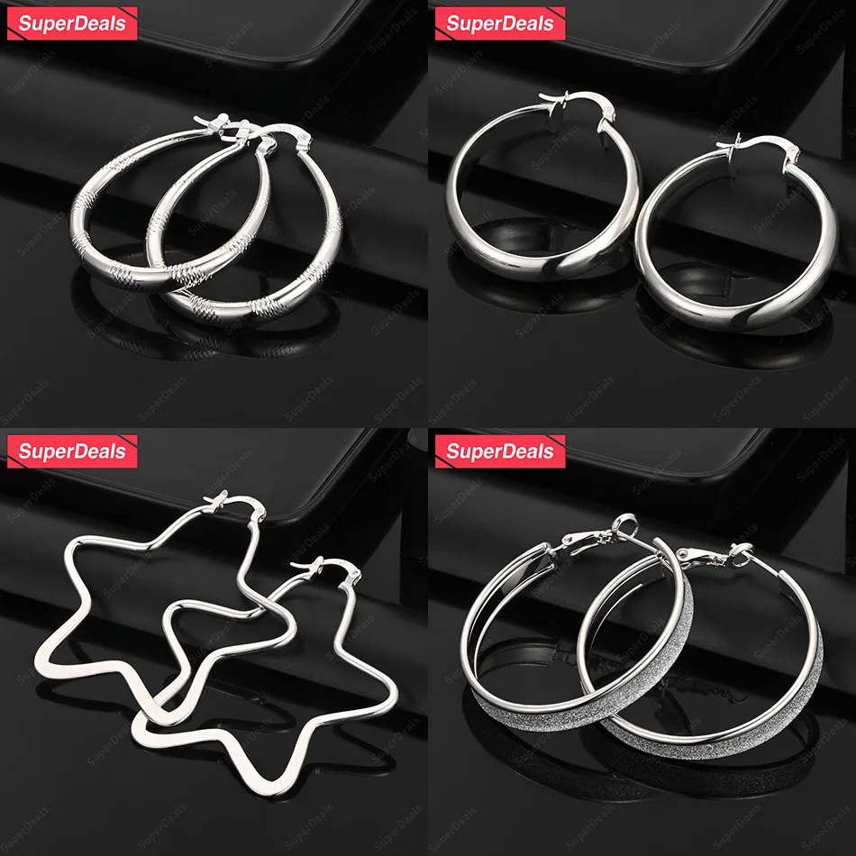 

SuperDeals 925 Sterling Silver Star Smooth Frosted Round Oval Hoop Earrings For Men Women Party Anniversary Gift Fashion Jewelry
