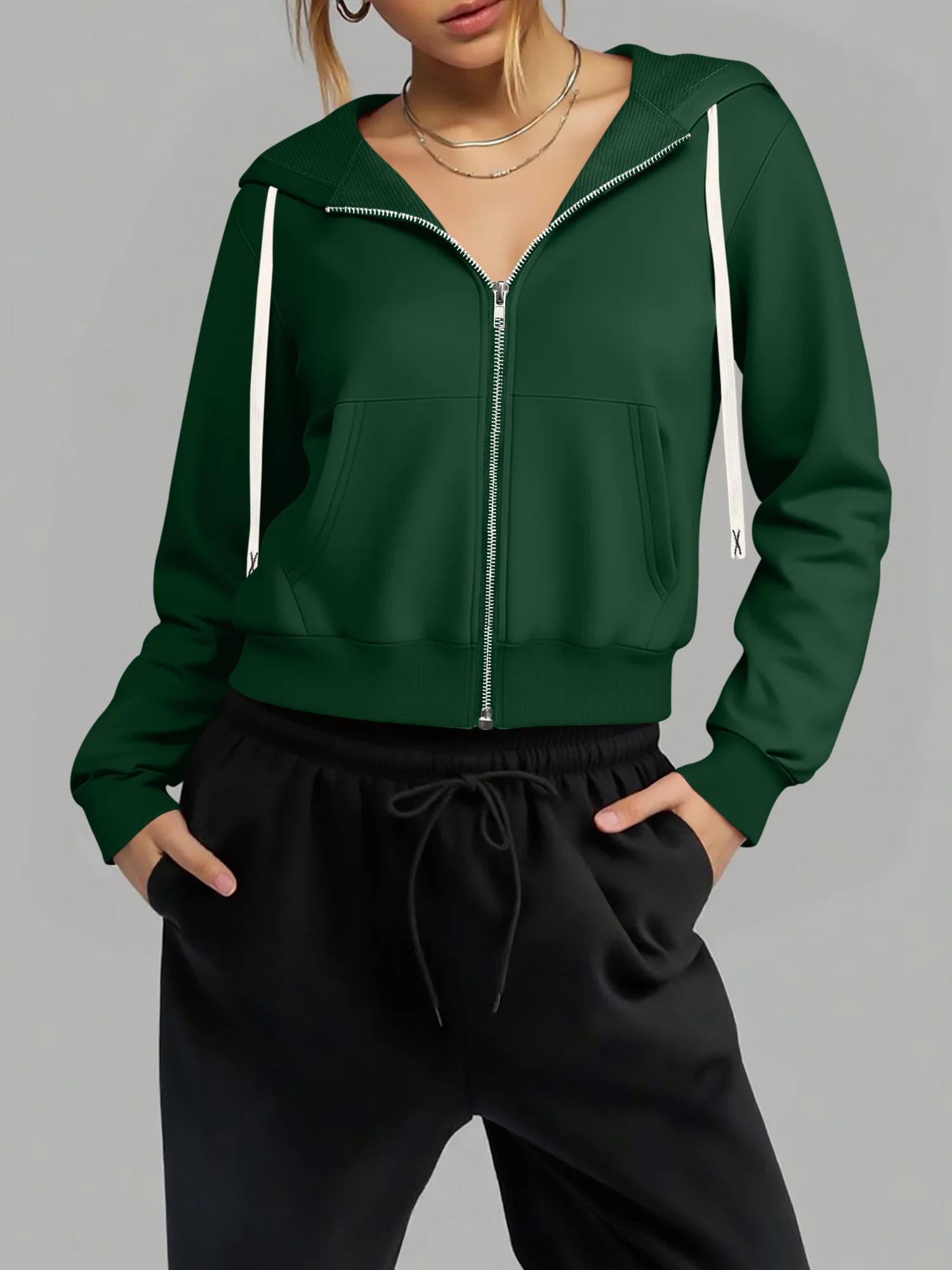 Light Sports Women Cropped Zip Up Hoodie Solid Long Sleeve Drawstring Sweatshirt Gym Jogging Casual Outer Jacket