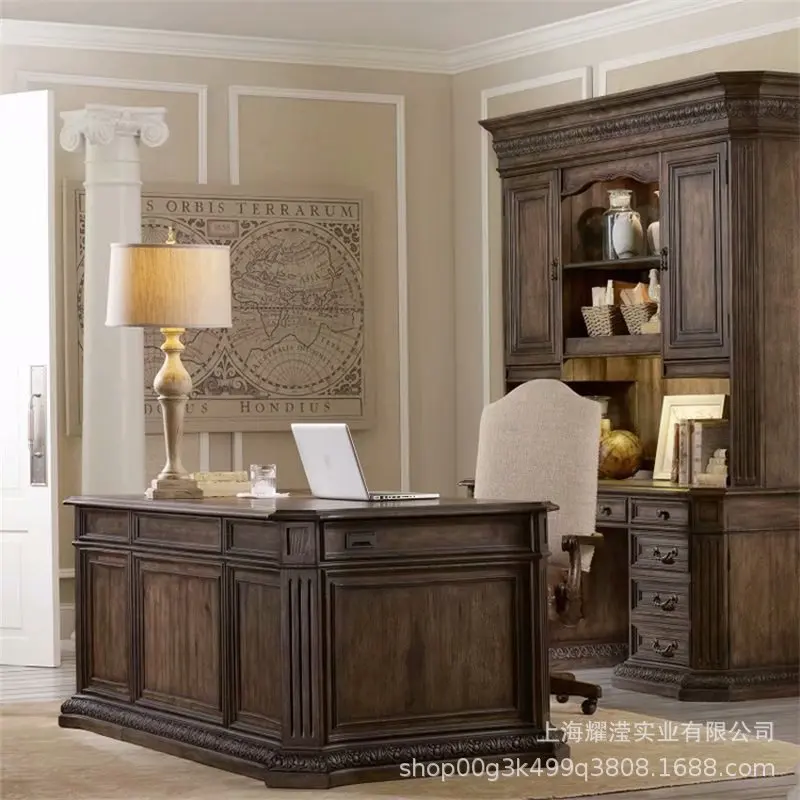 

Foreign trade solid wood desk American retro old carved computer desk study drawer writing desk study table