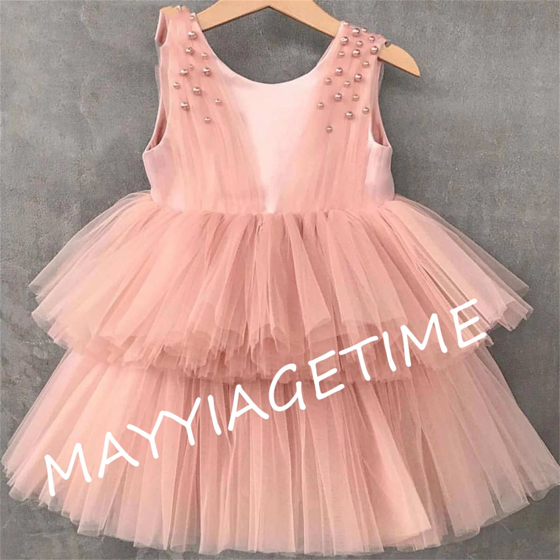 

Blush O-Neck Pearls Short Flower Girl Dresses 2020 Simple Pleated Tiered Tulle A-Line Little Girl Wedding Party Dresses