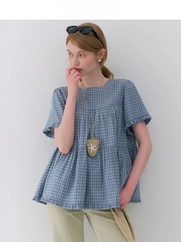 

Sweet Plaid Cotton Shirt Women's Summer New Style Slimming Versatile Doll Shirt Top Korean Style Bubble Sleeve round Neck Sho...