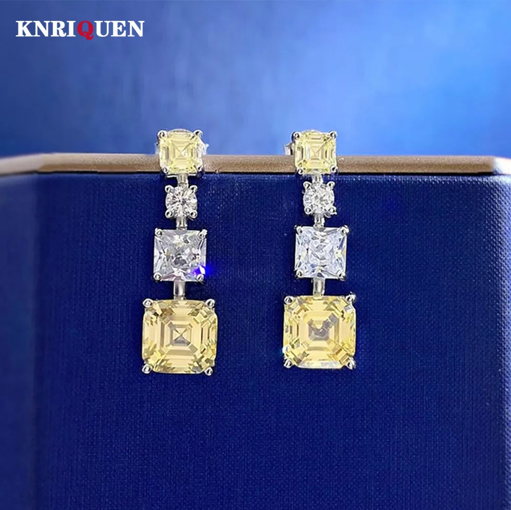 

Luxury 100% 925 Solid Silver 7*7mm Square Pagoda Topaz Drop Earrings for Women Lab Diamond Gemstone Wedding Fine Jewelry Gifts