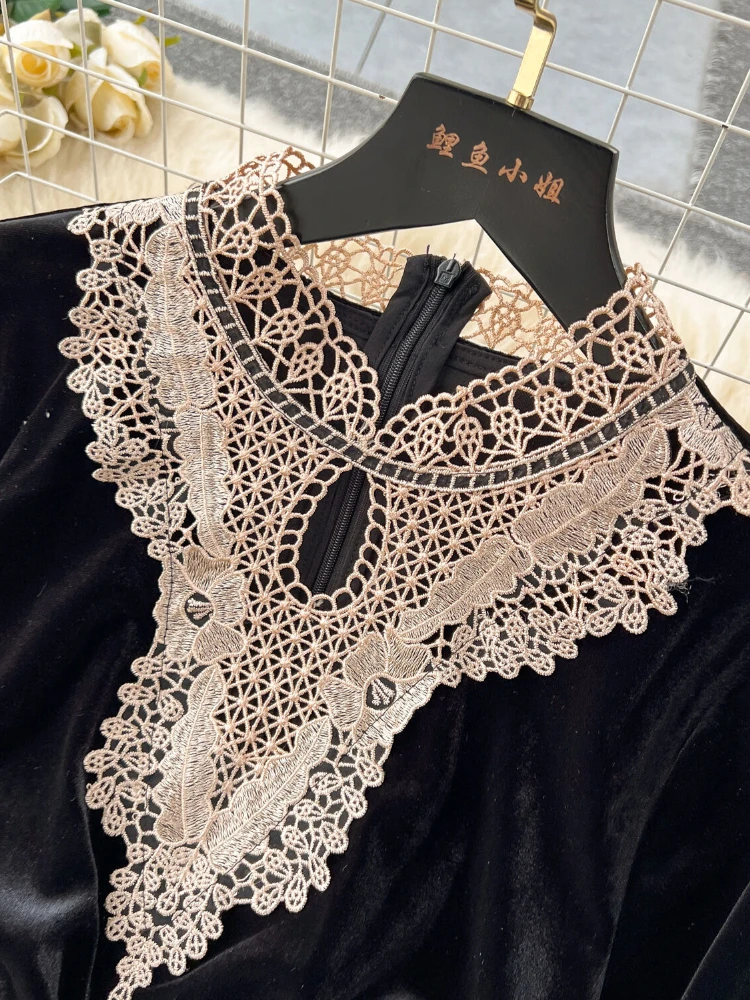 Vintage Lace Patchwork Hepburn Dress Women 2024 Autumn New Stand Collar Long Sleeve Gathered Waist A-line Palace Fashion Dress