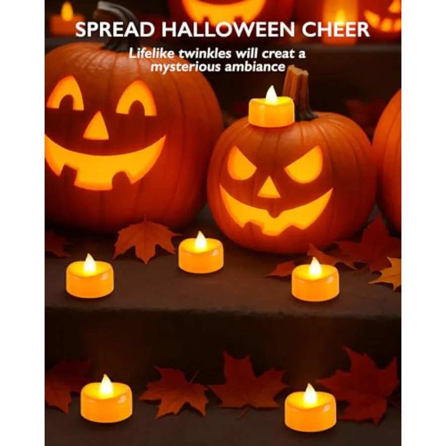 24Pack Flameless Candles, Orange Tea Lights Battery Operated, Fake No Flickering Electric Votive Candles for Christmas Halloween